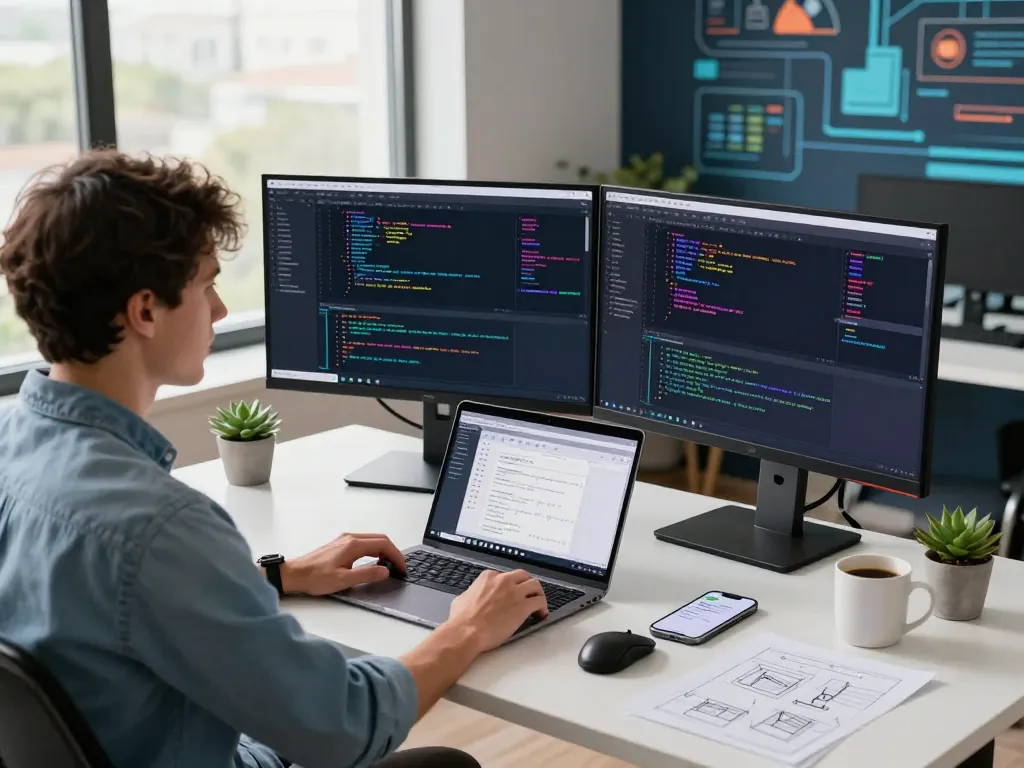 Moltbot AI development workspace with vibrant coding setup and collaborative elements.