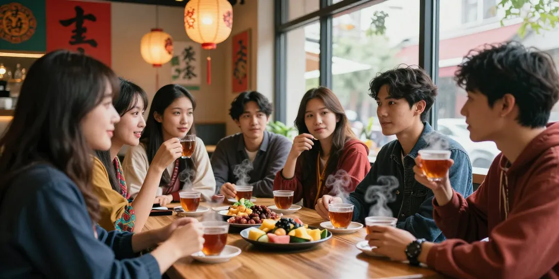 Engaging scene at https://hanadultalk.com café where diverse friends discuss Asian pop culture while enjoying snacks and tea.