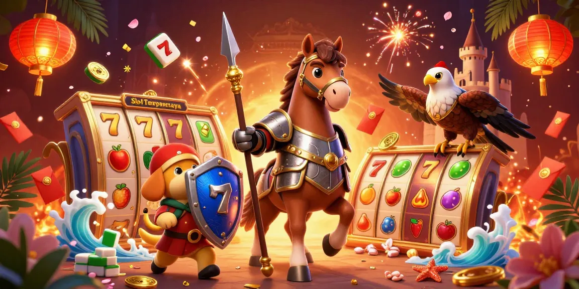 Experience vibrant Slot Terpercaya gameplay with 3D knight, squire puppy, and falcon amidst dazzling casino elements.