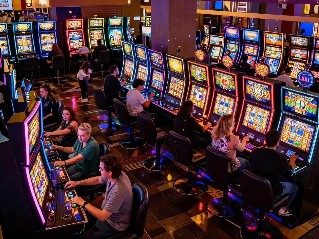 Engaged players celebrating wins at link slot machines in a vibrant casino atmosphere