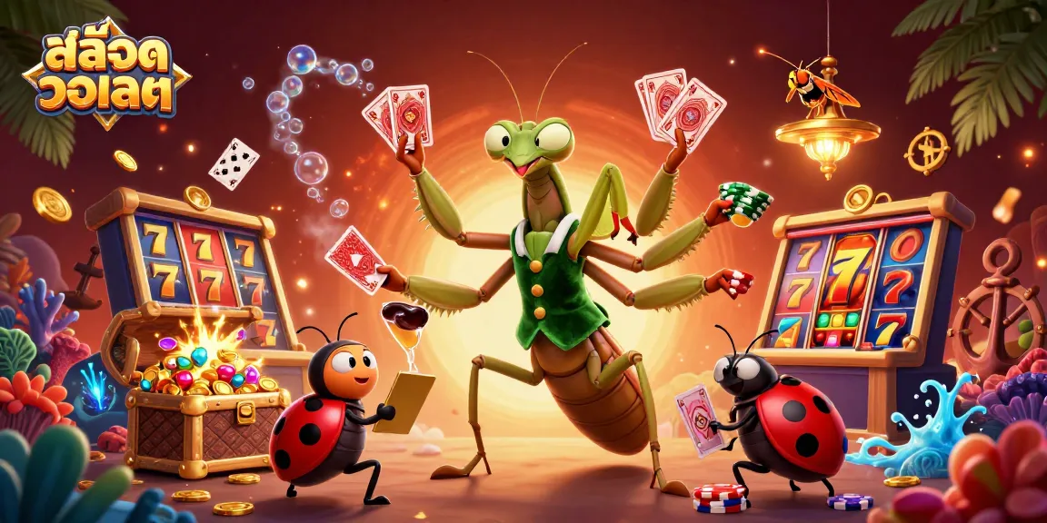 Engage with สล็อตวอเลท while exploring a vibrant casino scene filled with colorful slot reels and exciting characters.