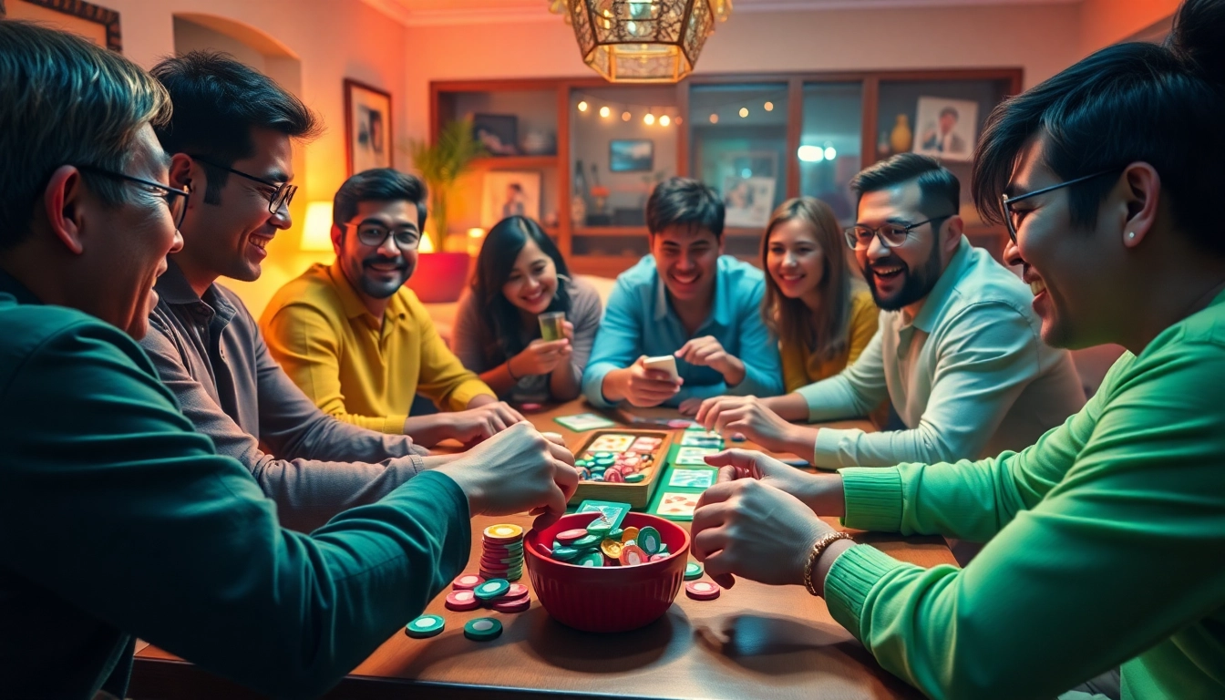 Engaging players enjoying yono rummy around a colorful game table filled with cards and chips.
