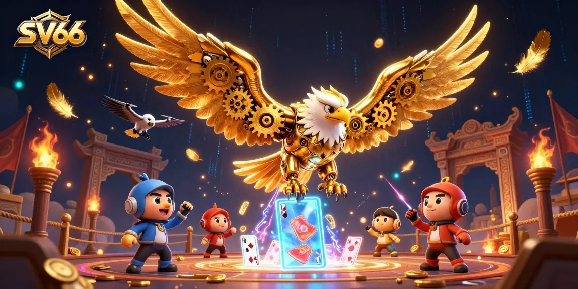 Engage in exhilarating gameplay at SV66 with a cybernetic eagle soaring through holographic cards.