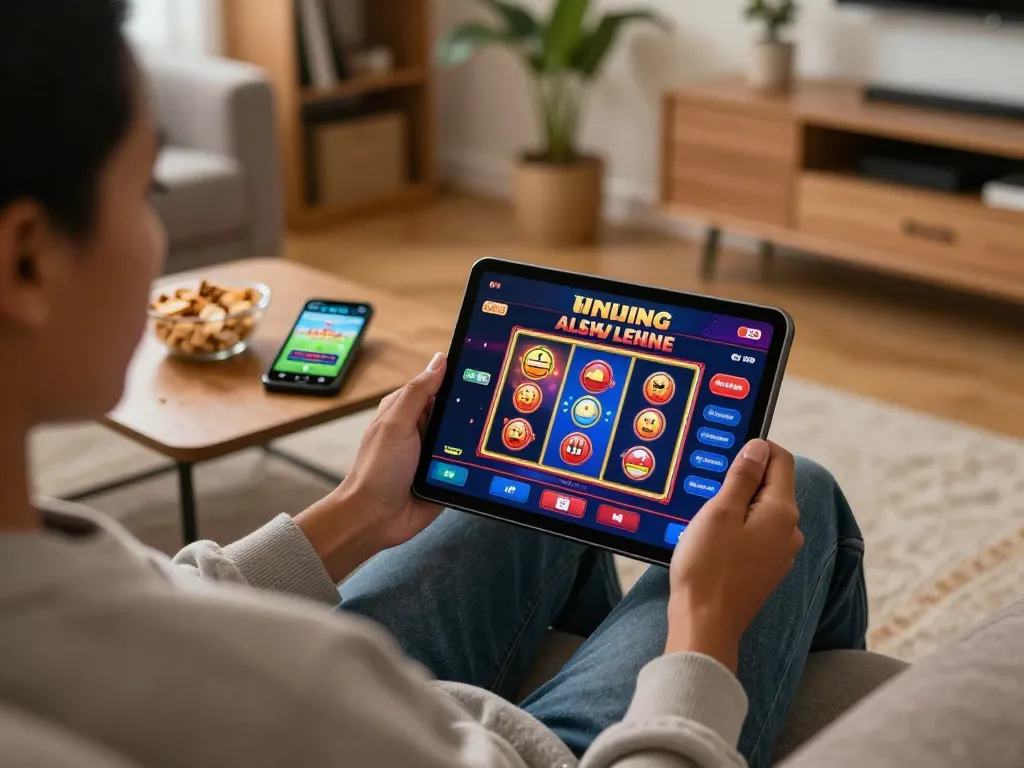 Enjoying online casinos in Canada while playing slots on a tablet in a cozy home setting