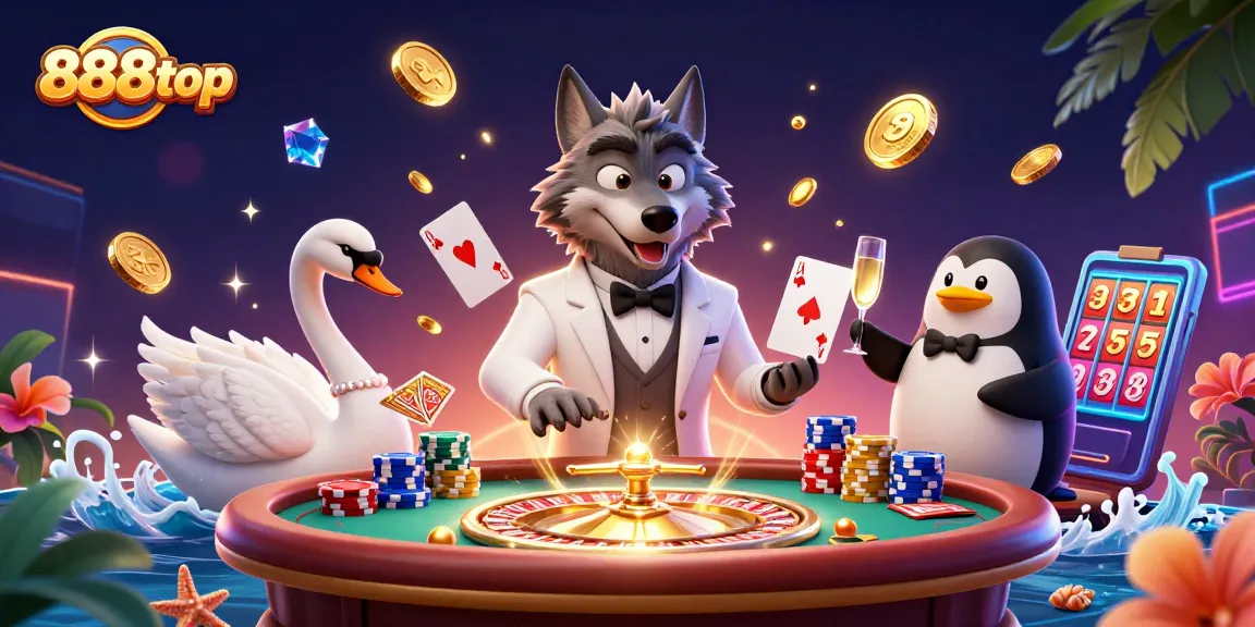 Experience big wins with 888top at an elegant baccarat table featuring exciting characters and game elements.