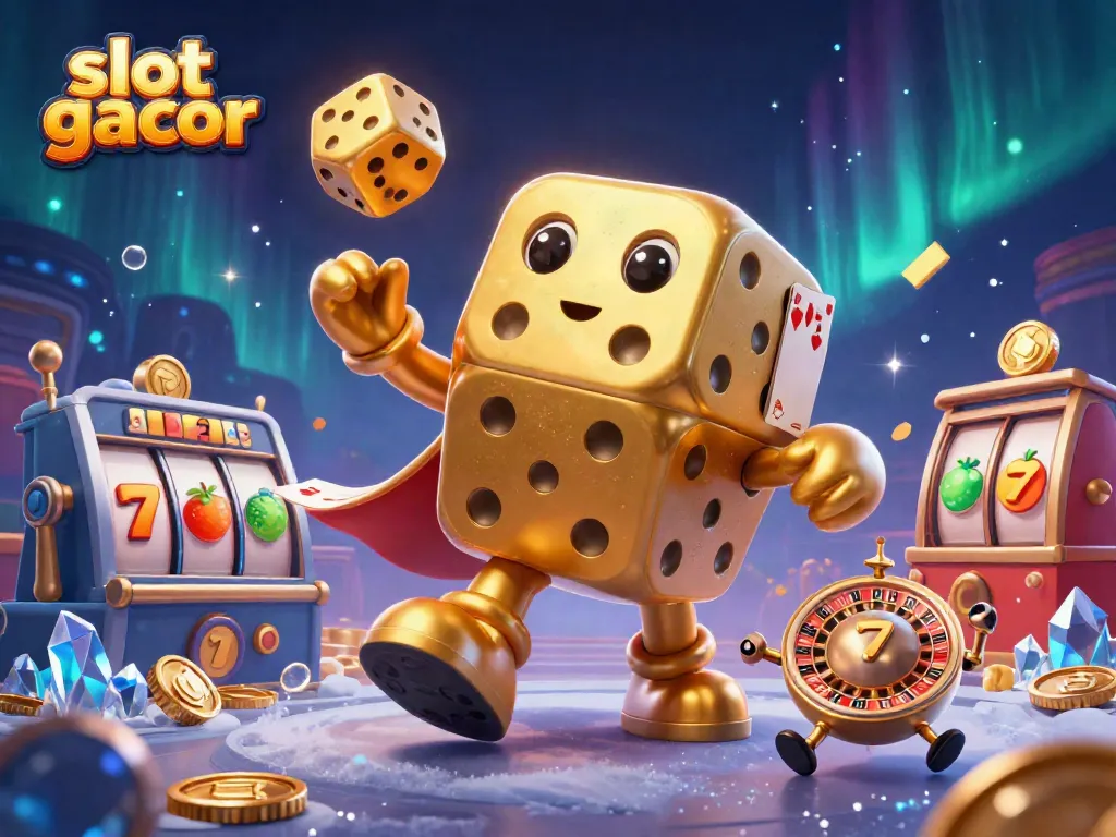 Permainan slot gacor dengan simbol buah, jackpot, dan dadu emas dalam ilustrasi 3D yang dinamis.