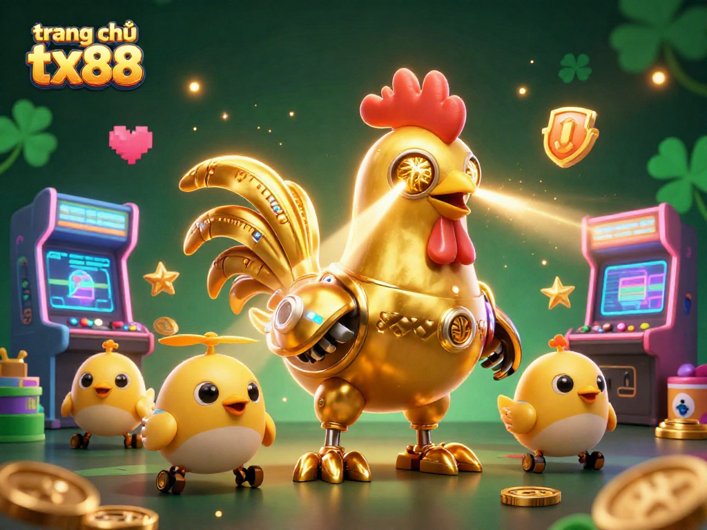 Engage with high-energy arcade gaming on trang chủ tx88 featuring a golden rooster robot and vibrant 3D elements.