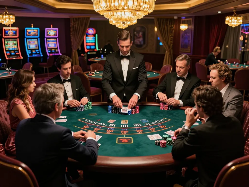Engaged players at a fabet blackjack table during heated gameplay in a luxurious casino setting.