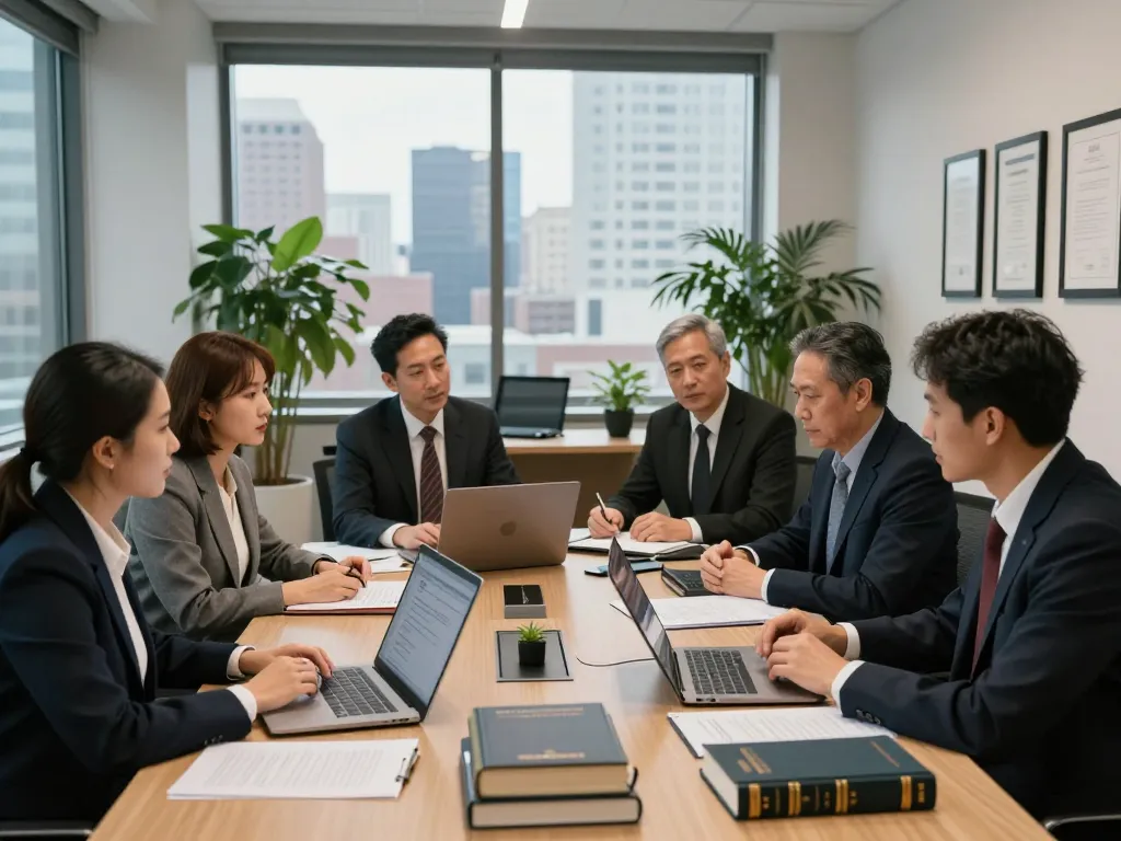 Legal advisors USA collaborating in modern office setting, showcasing teamwork and legal expertise.