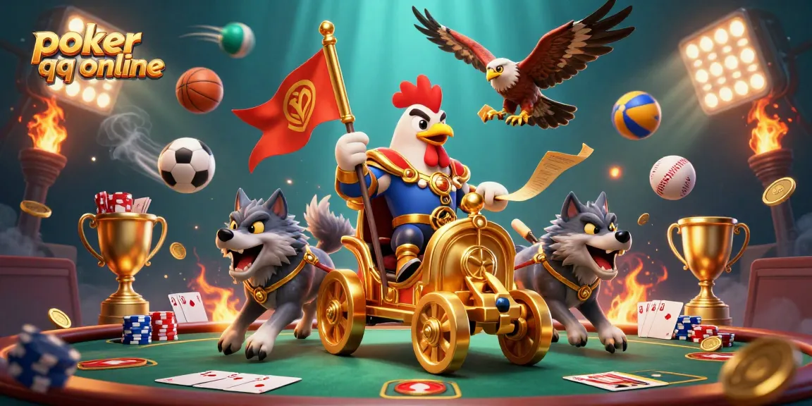 Poker qq online showcases a vibrant poker scene with a rooster warlord in a golden chariot amid dynamic gameplay elements.