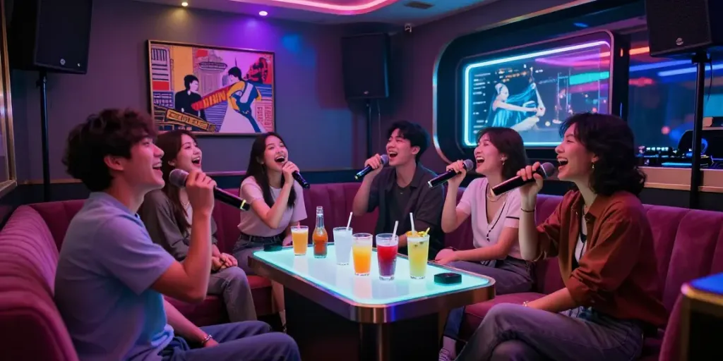 강남 달토에서 친구들이 즐겁게 노래하는 모습과 화려한 조명