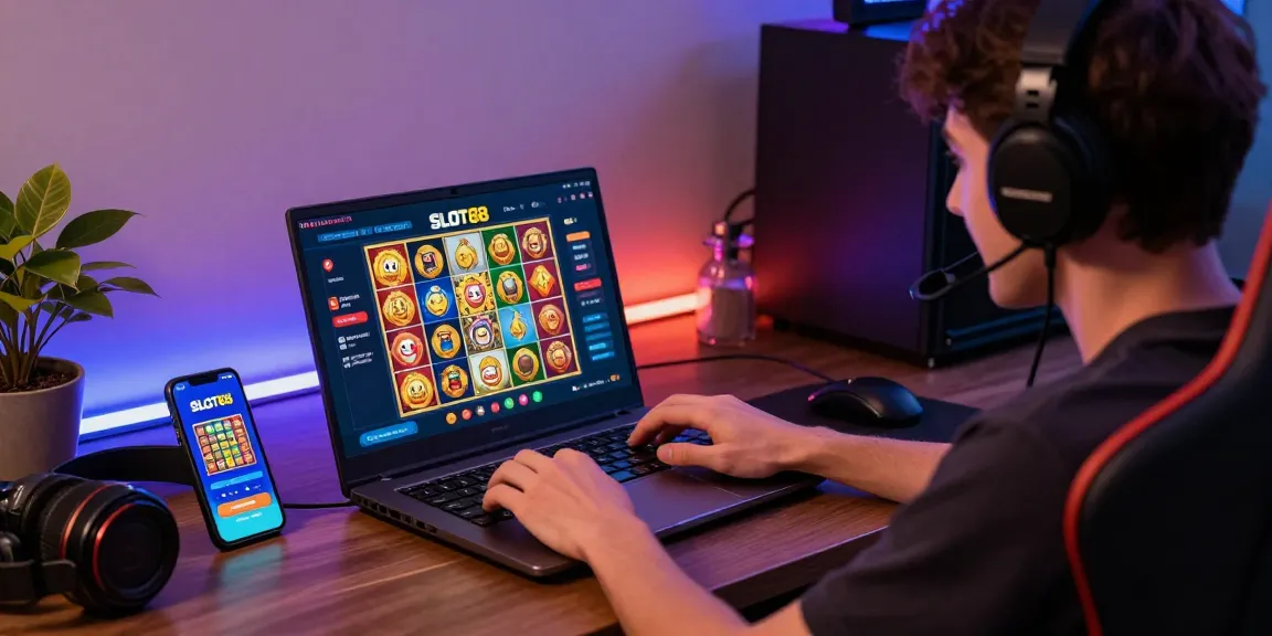 SLOT88 login interface displayed on a laptop in a dynamic gaming setup, showcasing vibrant slot game graphics.