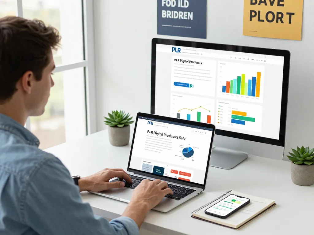 PLR Digital Products for Sale showcased on a laptop in a modern eCommerce workspace.