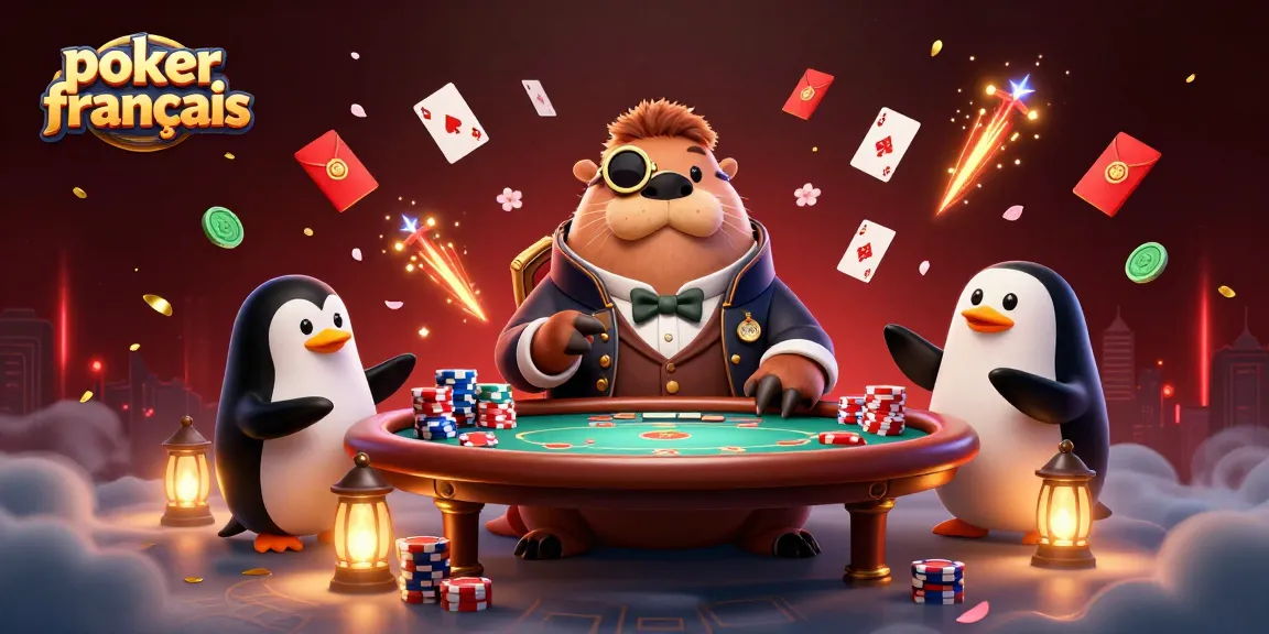 Des joueurs de poker en ligne, dont un morse en costume, se bluffent pendant une partie de poker français.