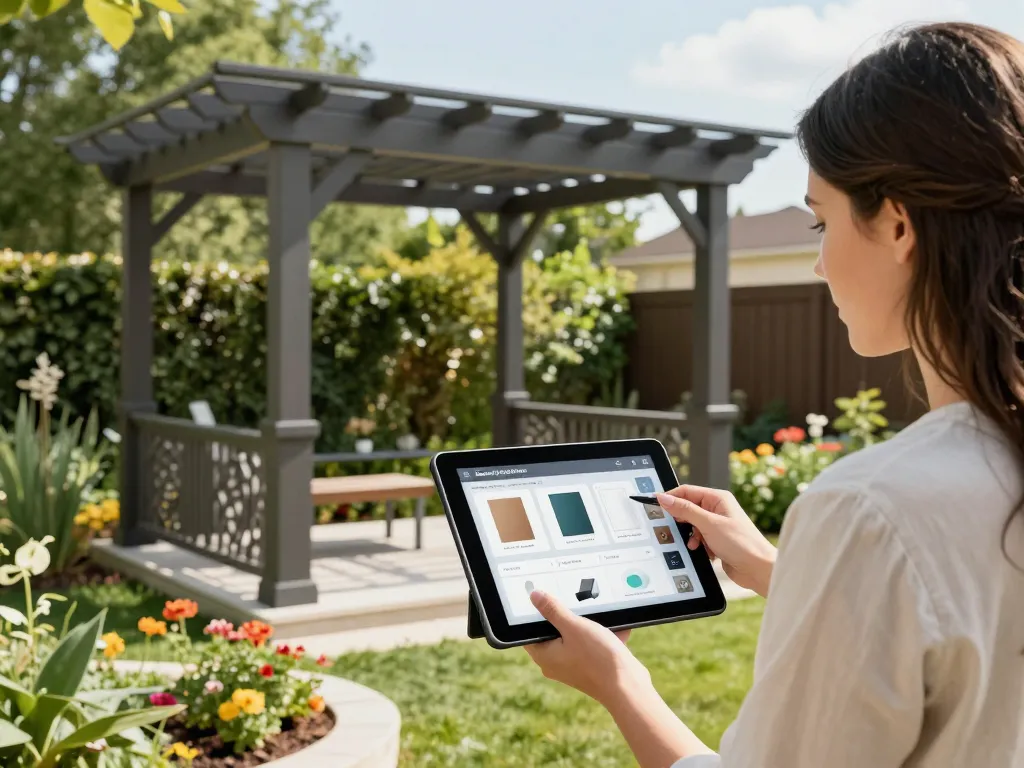 Customer configuring a pergola using Pergola Configurator Software in a vibrant garden setting.
