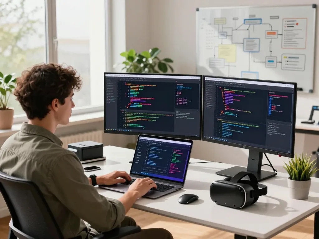 Dynamic workspace for smart contract mining with developer coding on multiple screens in a modern office.