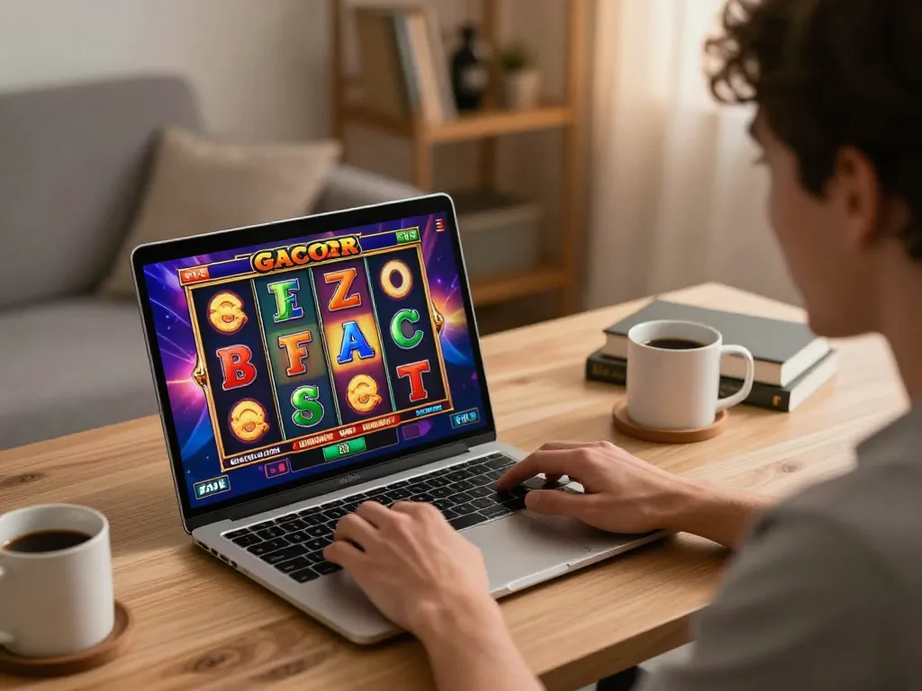 Player immersed in a slot gacor game online in a cozy home setting, highlighting excitement and strategy.