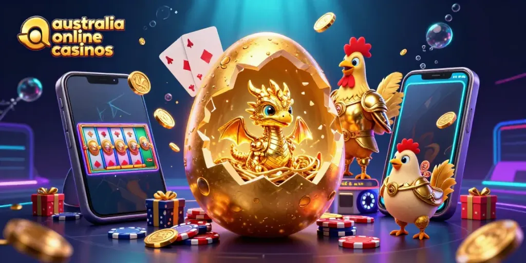 Engage with australia online casinos featuring a golden dragon and poker chips, showcasing thrilling gameplay.