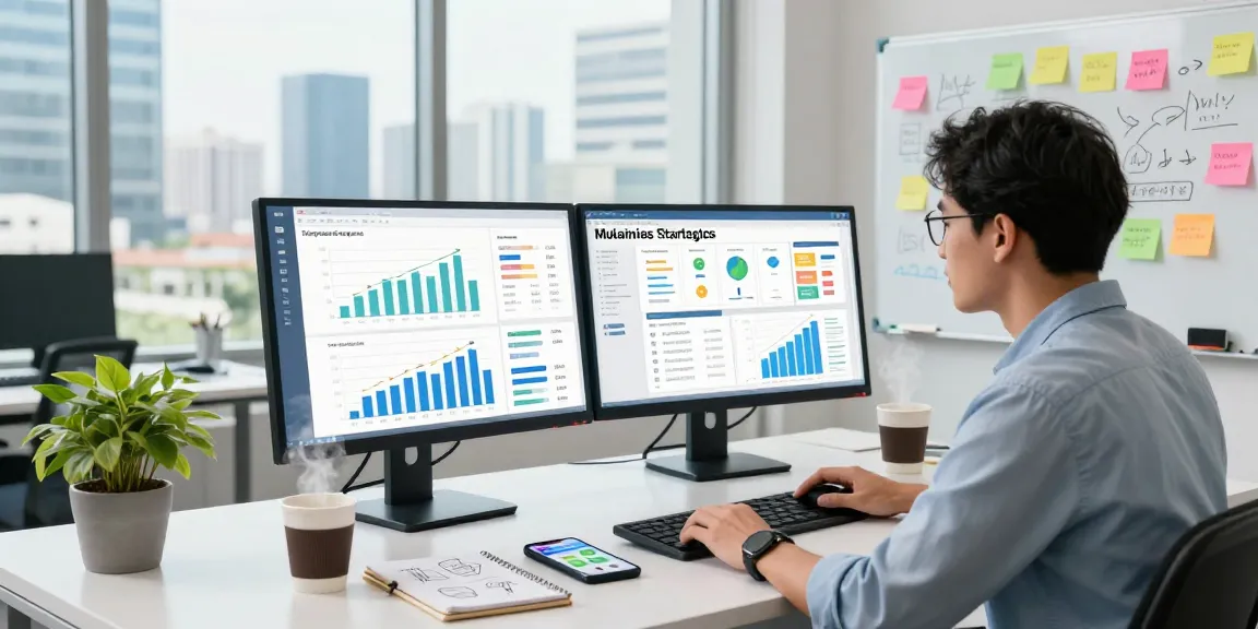 Estratégia de marketing multicanais em ambiente de trabalho moderno com gráficos e anotações.