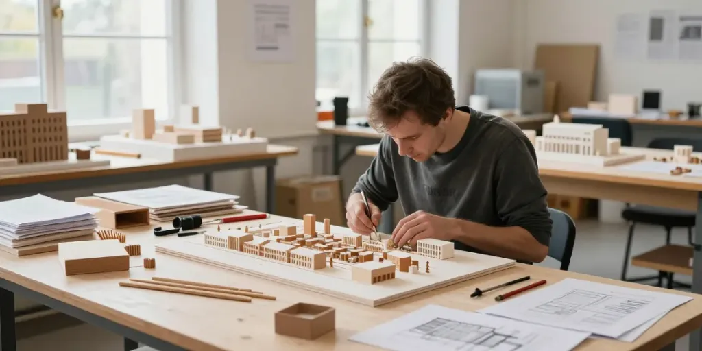 Architectural model maker Sweden creating urban planning models in a bright workshop.