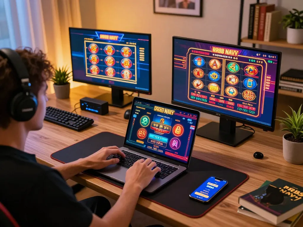 Engaging in online gameplay on RR88 NAVY with a cozy home setup featuring a laptop and smartphone.