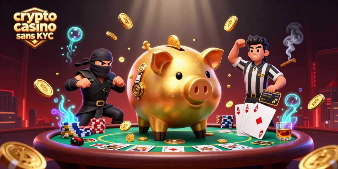 Illustration d'un casino crypto sans KYC avec des personnages de jeu et des éléments de poker en arrière-plan.