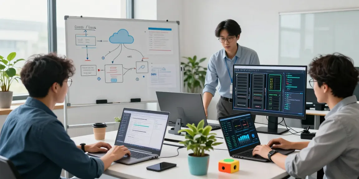 IT specialists discussing web hosting solutions, read more here about effective team collaboration in tech.