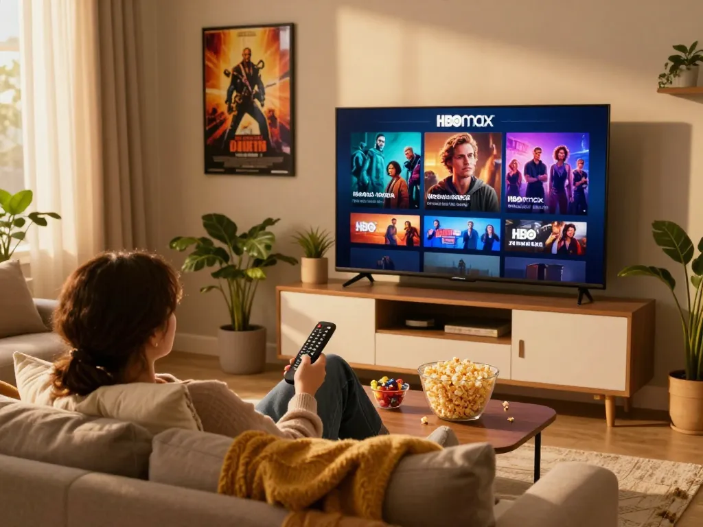 Enjoying HBO Max Right while relaxing on a cozy sofa with snacks and warm lighting.