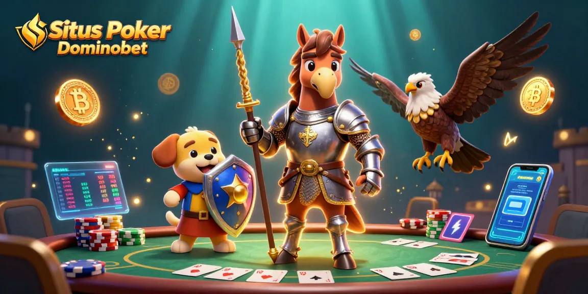 Situs Poker Dominobet offers thrilling gameplay with vibrant poker tables, chip stacks, and engaging characters.