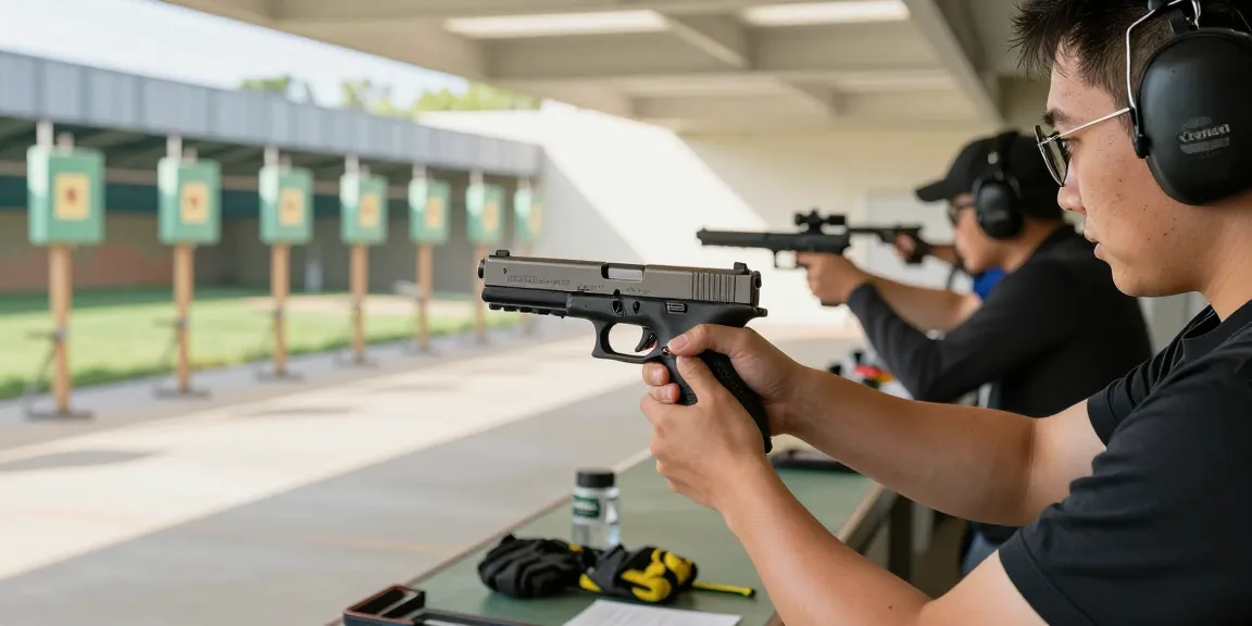 Expert examining Glock slide from https://precisionglockslides.com at shooting range, emphasizing precision and customization.