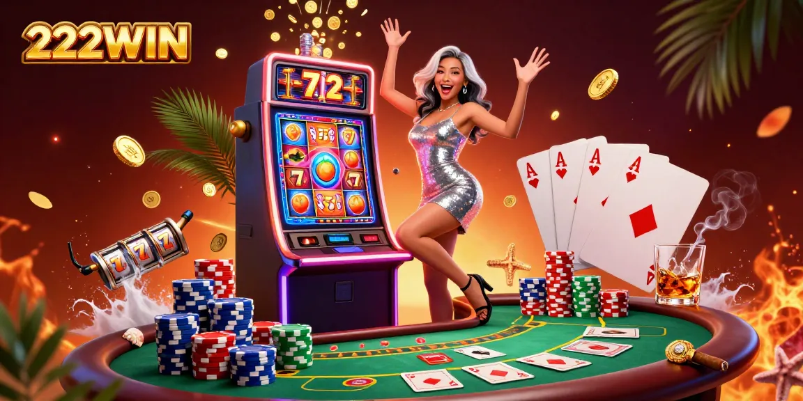 Experience a thrilling win at 222WIN with dynamic slot machines and poker action in a vibrant casino scene.