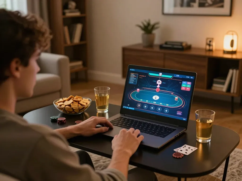 Player engaging with online poker game at home, part of vk88 casino experience.