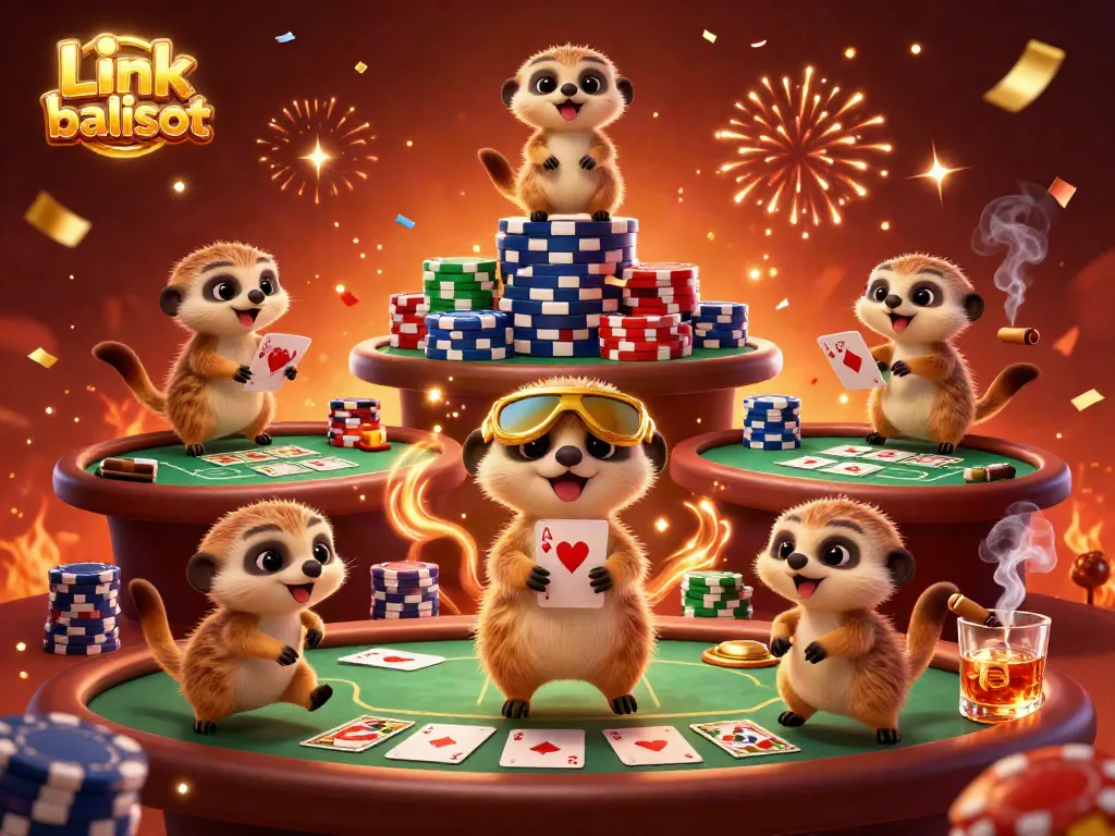 Engage with Link balislot through fun casino illustration featuring meerkats and vibrant elements.