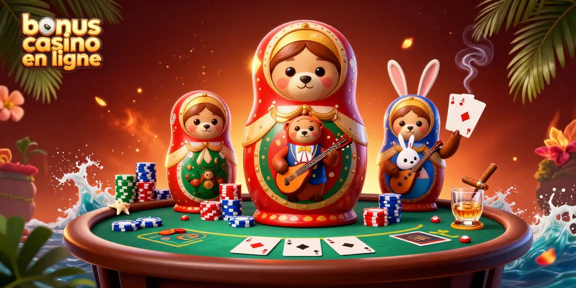 Découvrez le bonus casino en ligne avec cette scène captivante de personnages joyeux au poker, entourés d'éclats de lumière.