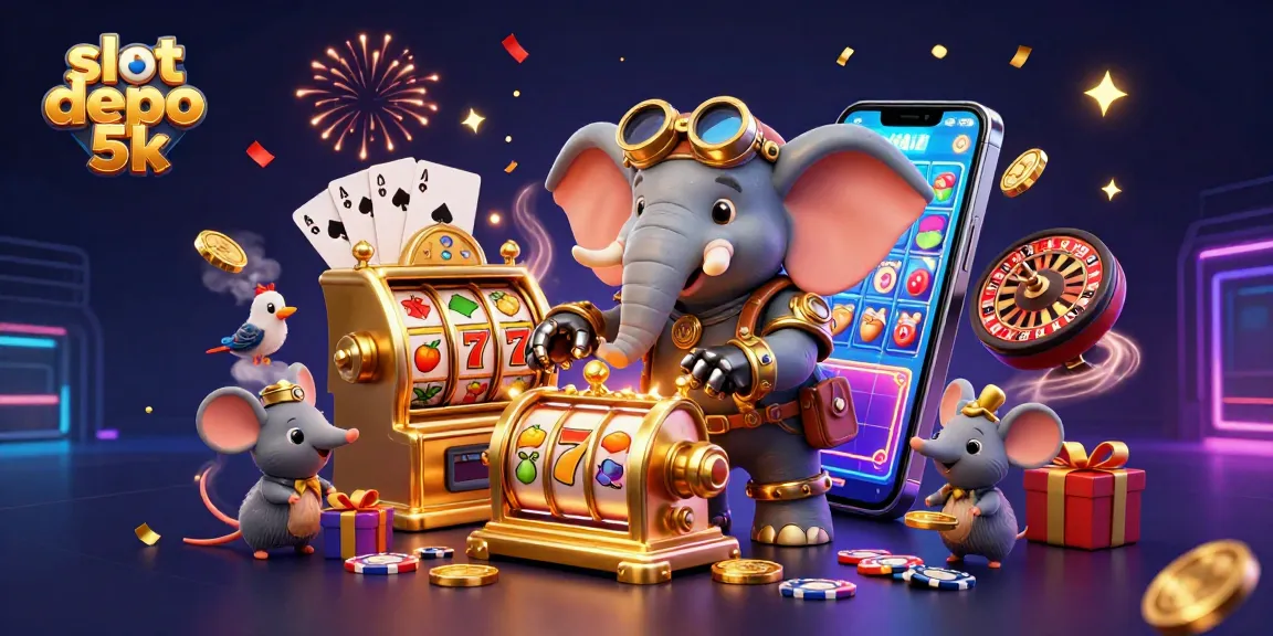 Engage with slot depo 5k action in a vibrant 3D illustration featuring a steampunk elephant.