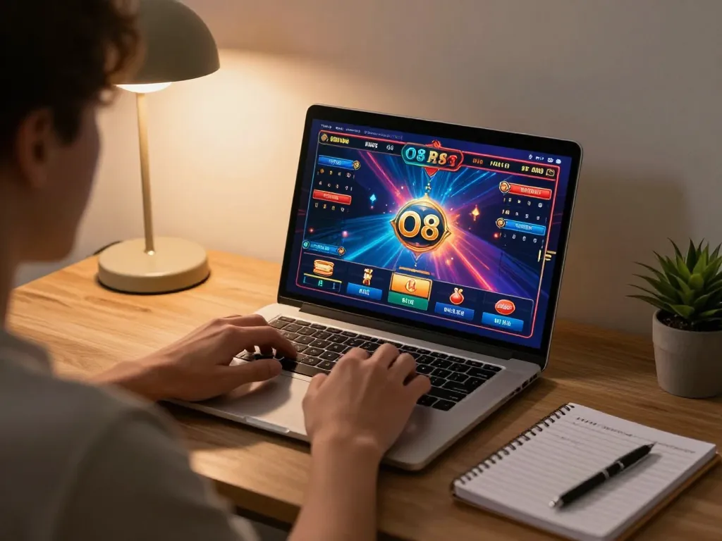 Player engaging with O8 online casino platform on a laptop, illustrating responsible gaming