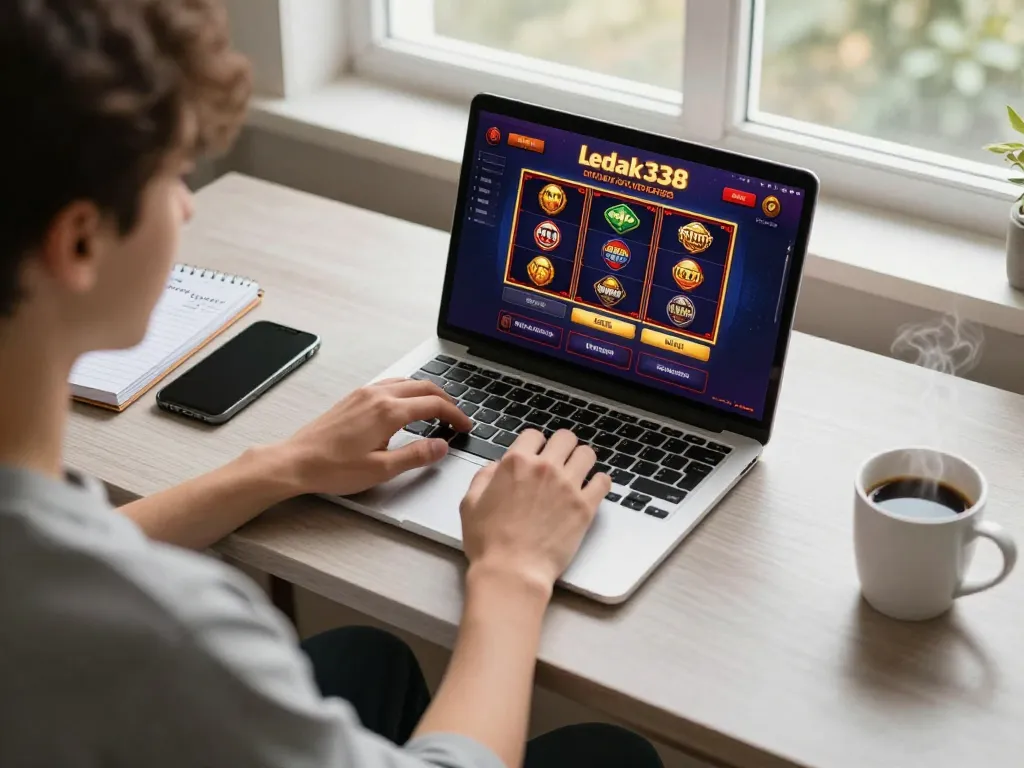 Player enjoys online slots on ledak338, laptop showing vibrant games and strategic notes nearby.
