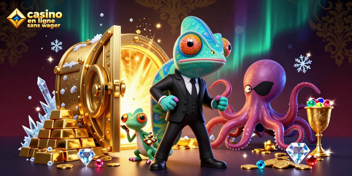 Casino en ligne sans wager, événement dynamique avec des personnages colorés et des trésors d'or.