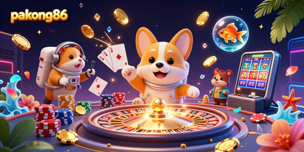 Win big with pakong86 at the space station casino, featuring vibrant characters and dynamic gambling elements.