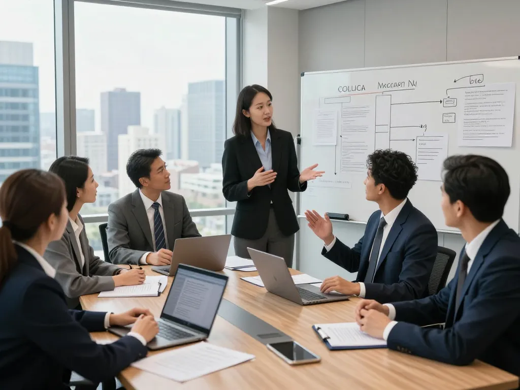 Collaborative meeting of USA lawyers discussing legal strategies in a modern office.