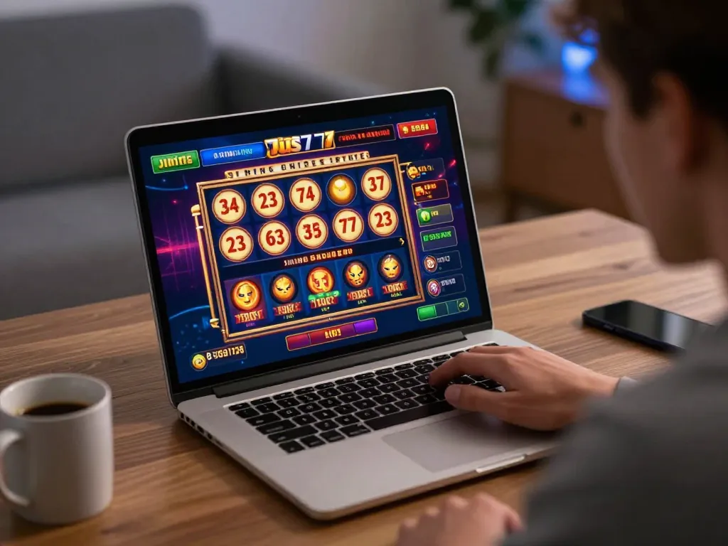 Experience the excitement of jus77 with immersive online slot gameplay in a cozy home setting.