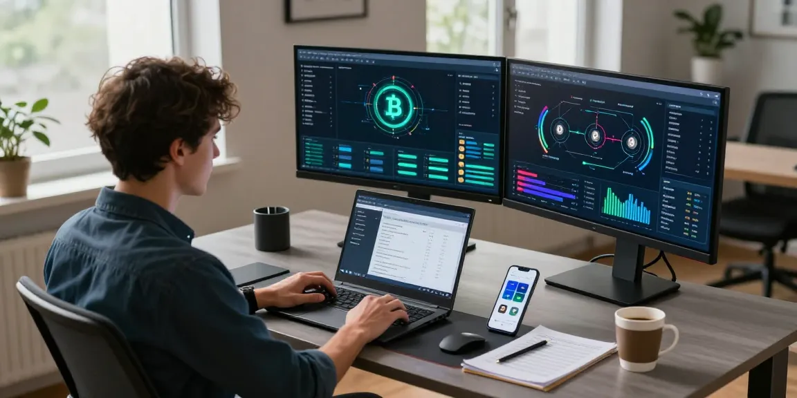 Mining crypto online using advanced technology in a professional workspace with cryptocurrency tools and analytics.