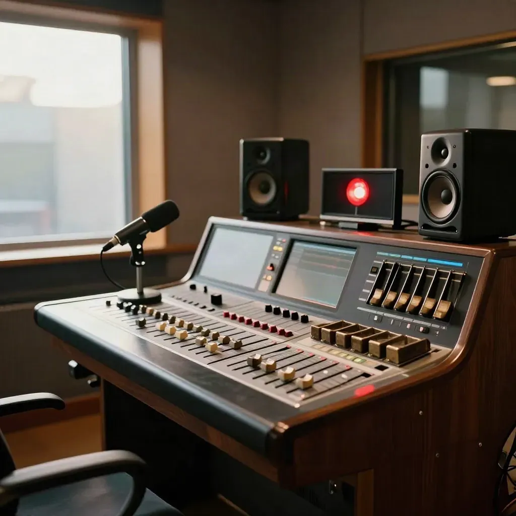 Live broadcast booth with console, desk mic, red tally light and speakers in warm studio glow.