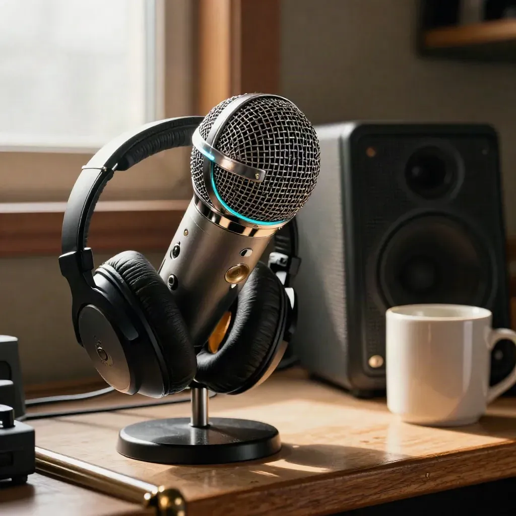 Chrome mic, headphones, speaker and mug in a premium radio booth macro.