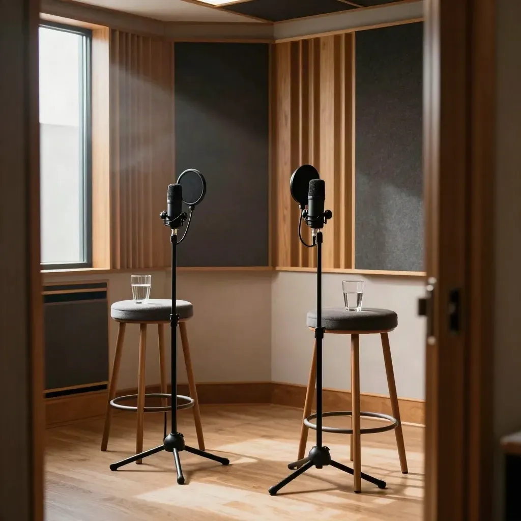 Two microphones and stools in a warm acoustic interview room with water glasses