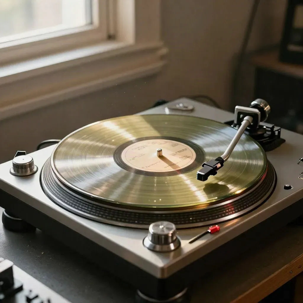 Vinyl chart display with turntable, chrome cue wheel, and red accent on a studio workbench.