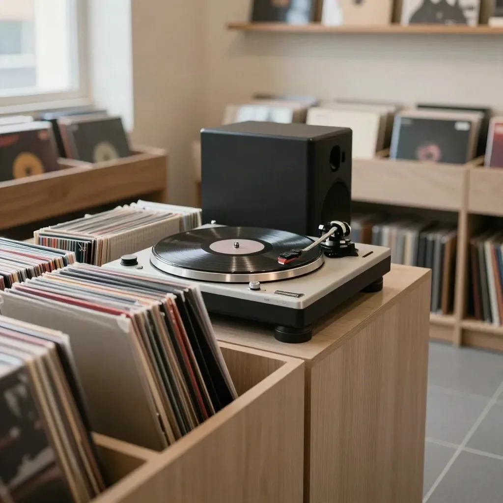 Record-store listening corner with spinning turntable, vinyl sleeves, and compact speakers