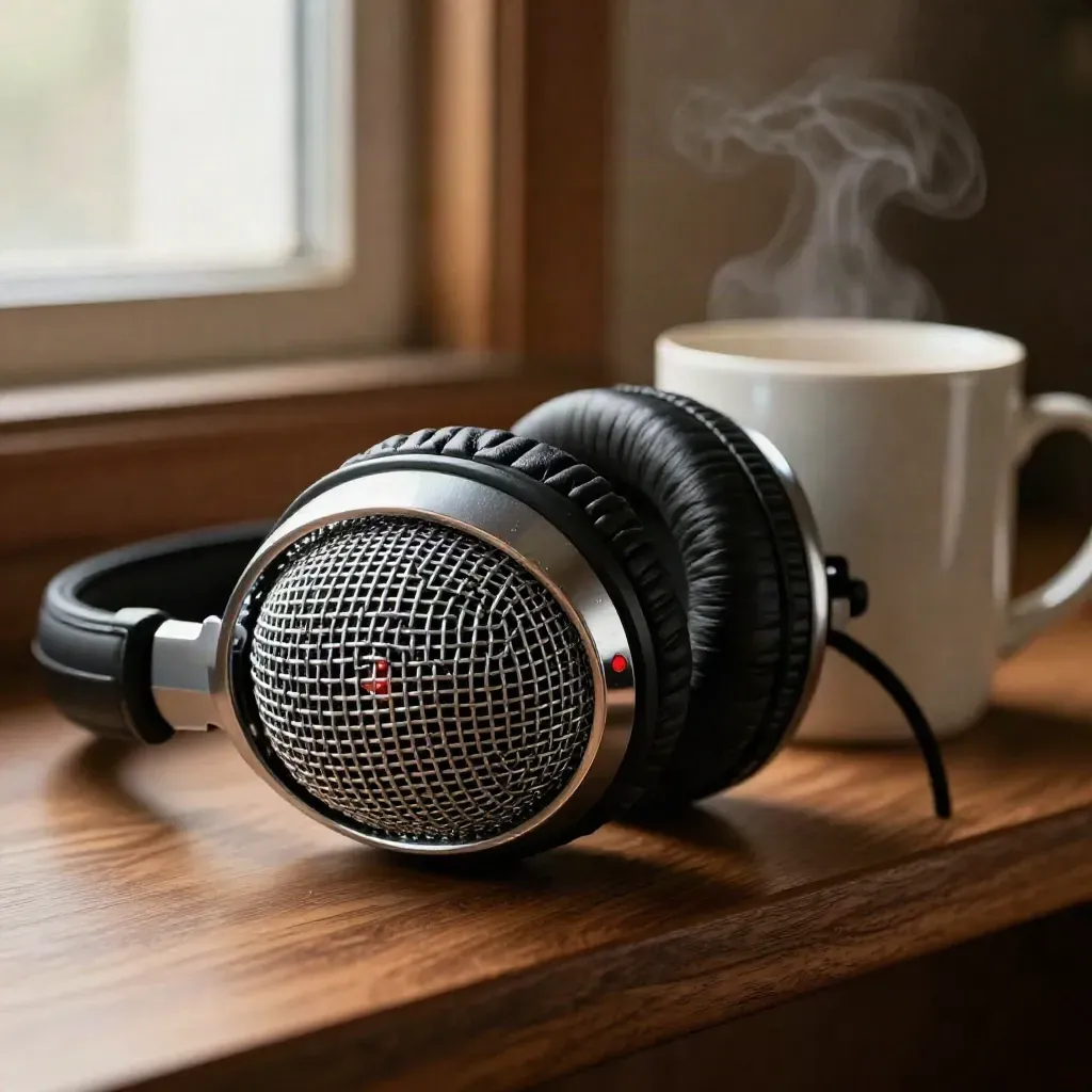 Chrome mic grille, headphones and a steaming mug in a radio booth at first light.