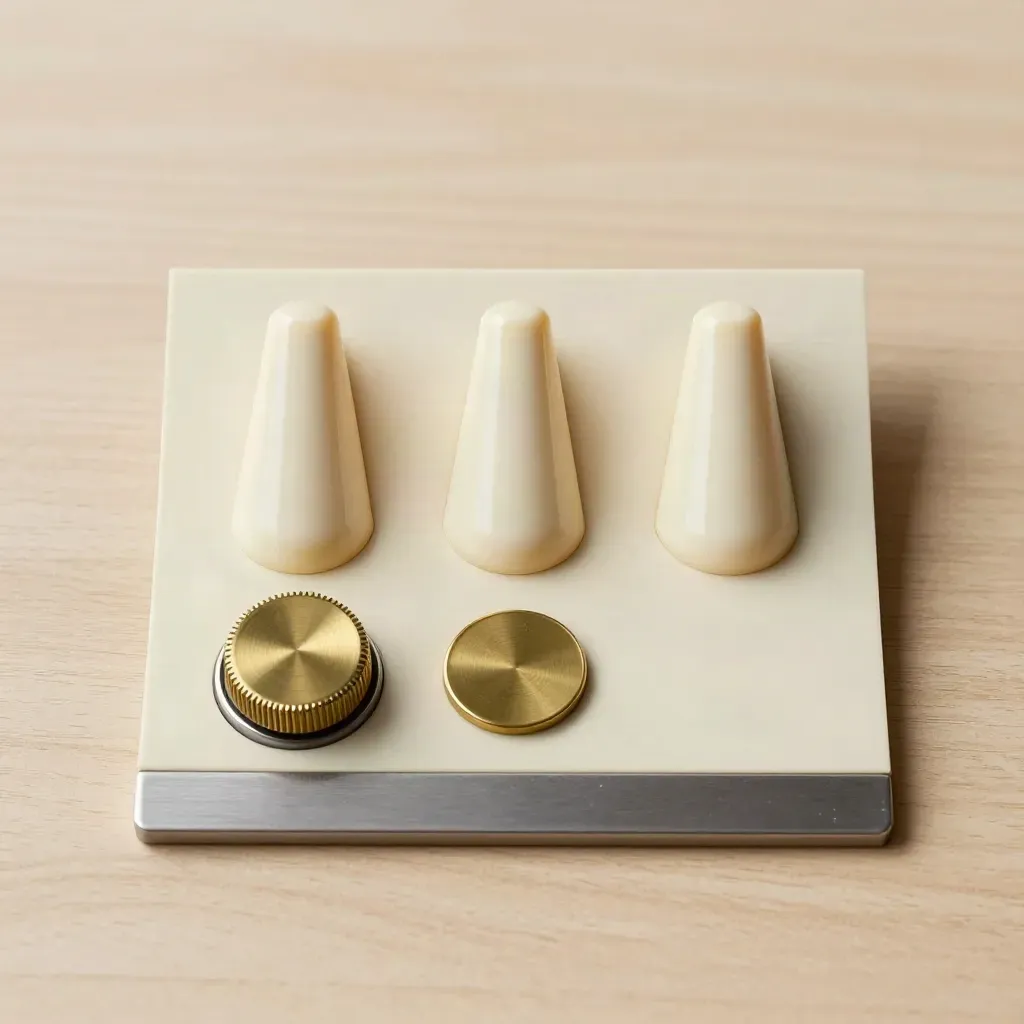 Overhead still life of brass slot tokens, selector dial and cue wedges on pale wood