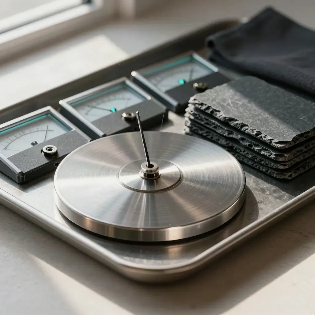 VU meters, playback wheel and slate cue tiles on a metal tray with a faint cyan glow